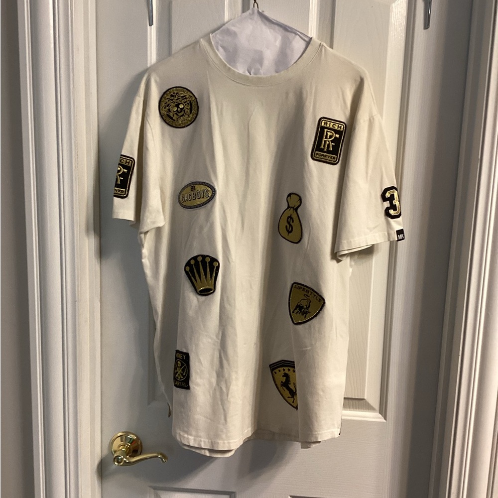 Cream T-Shirt with Black and Gold Patches